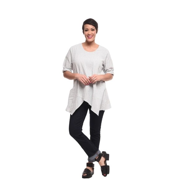 S Tulip Pippa Striped Asymmetrical Lagenlook Blouse Half Sleeve Artsy Tunic - Picture 1 of 12